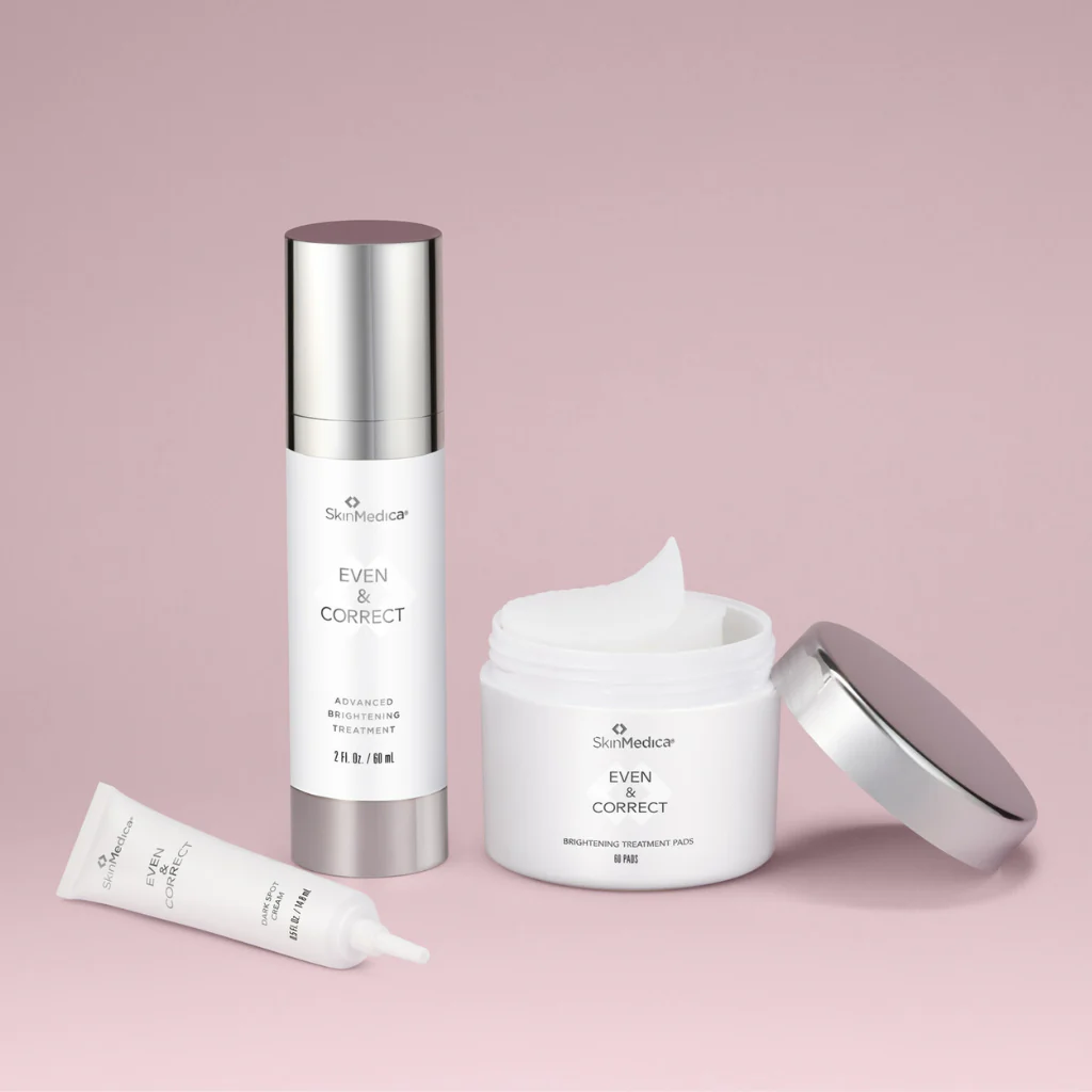 SkinMedica's Even & Correct Serum is a targeted formula designed to visibly reduce dark spots and discoloration, promoting a more even skin tone through the use of advanced skin-brightening ingredients
